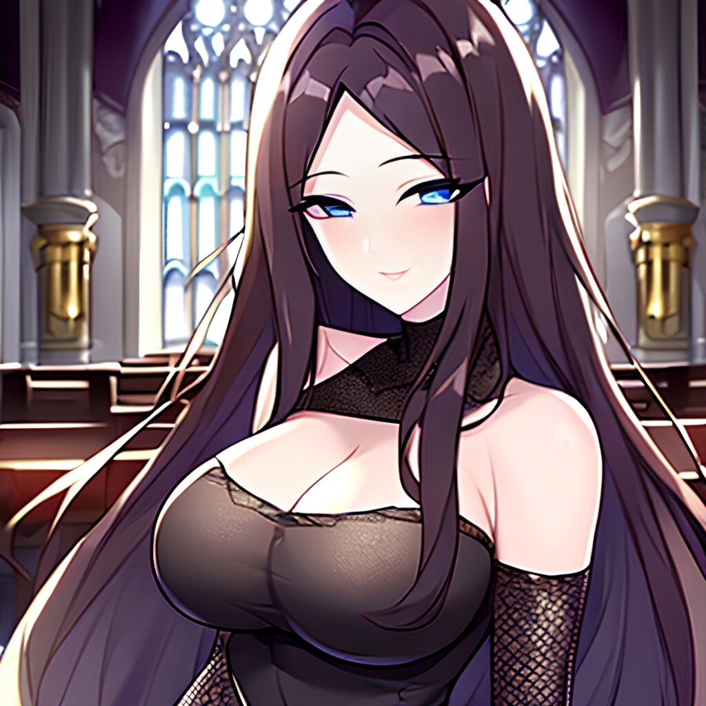 brunette fishnet woman long hair messy hair church 