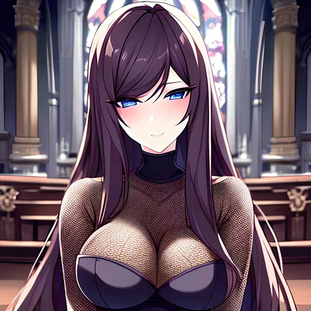 brunette fishnet woman long hair messy hair church 