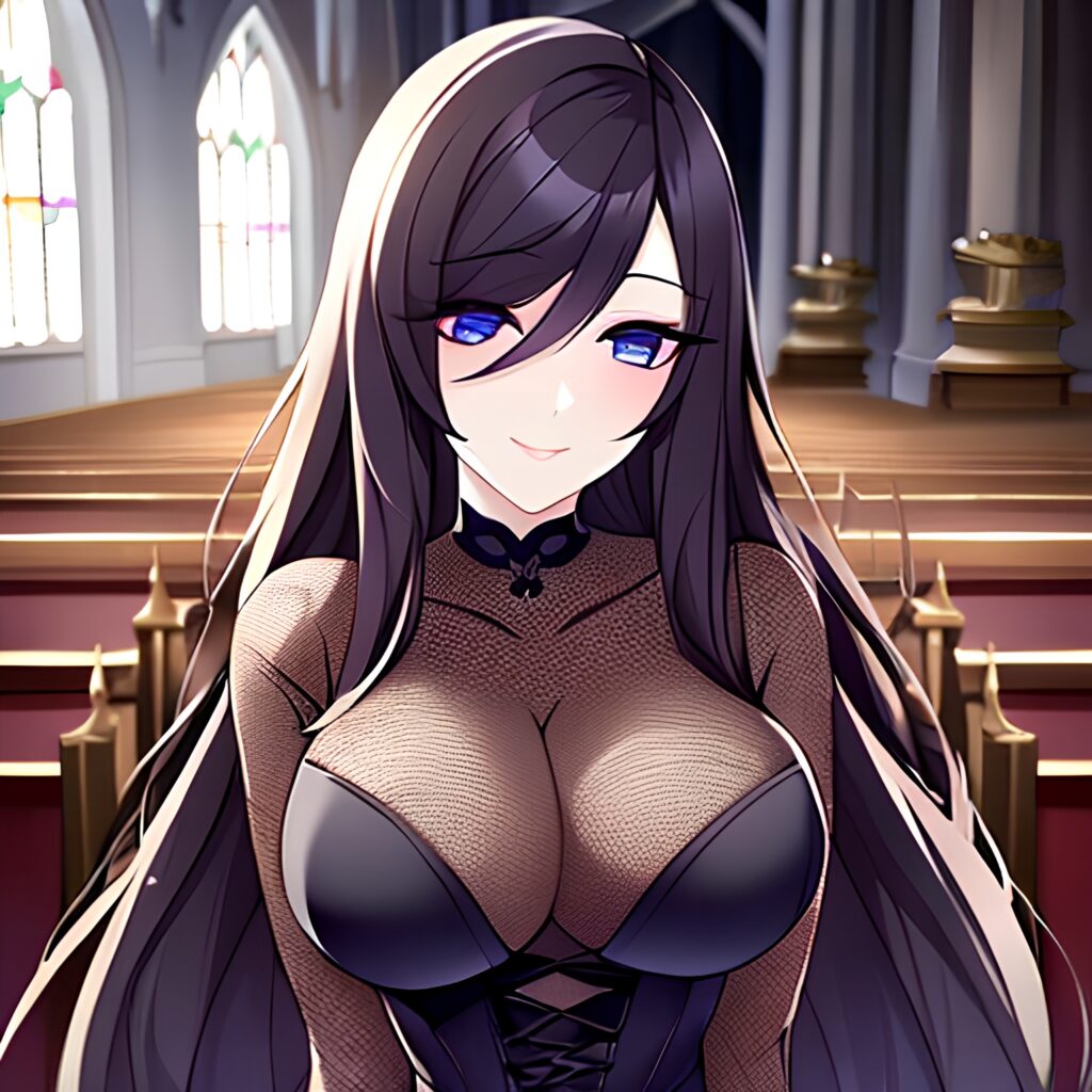 brunette fishnet woman long hair messy hair church 