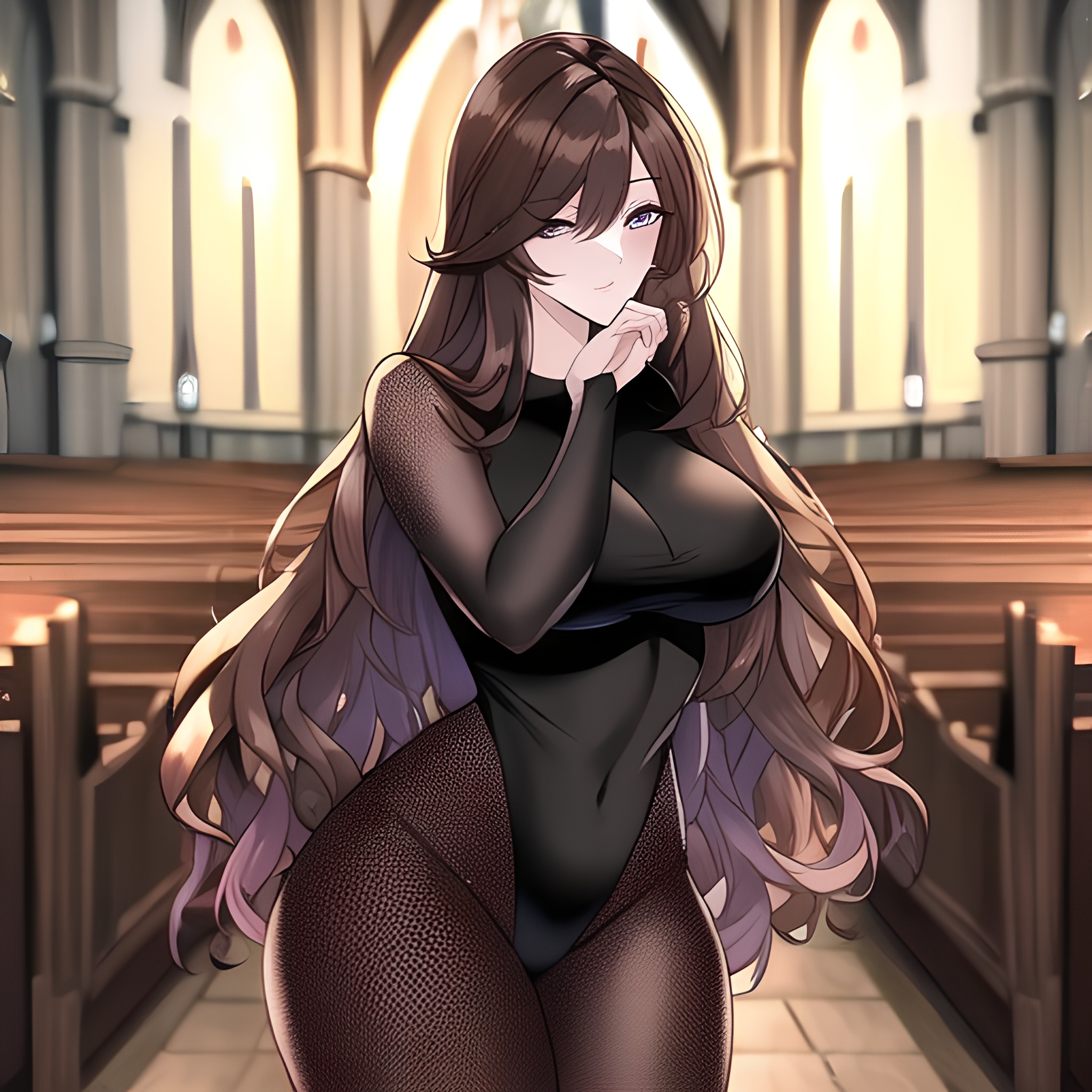 brunette fishnet woman long hair messy hair church 