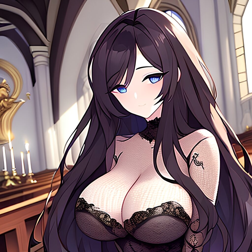 brunette fishnet woman long hair messy hair church 