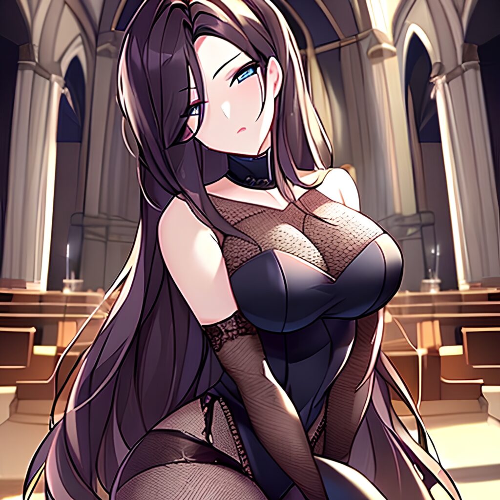 brunette fishnet woman long hair messy hair church 