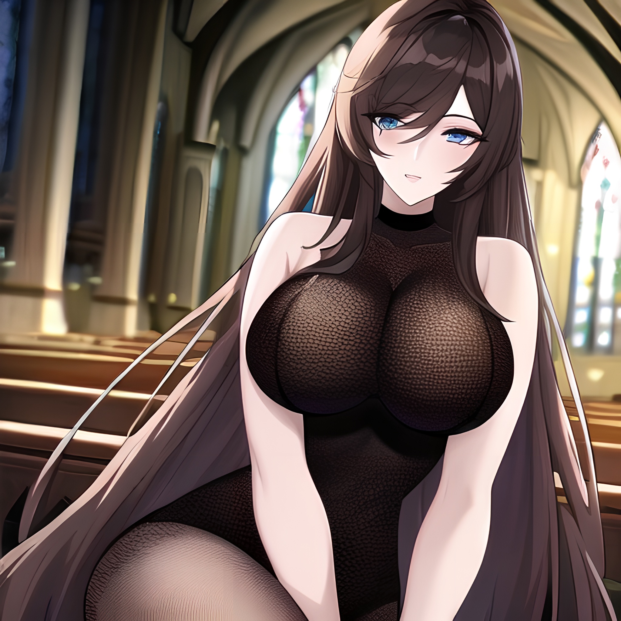 brunette fishnet woman messy hair church long hair