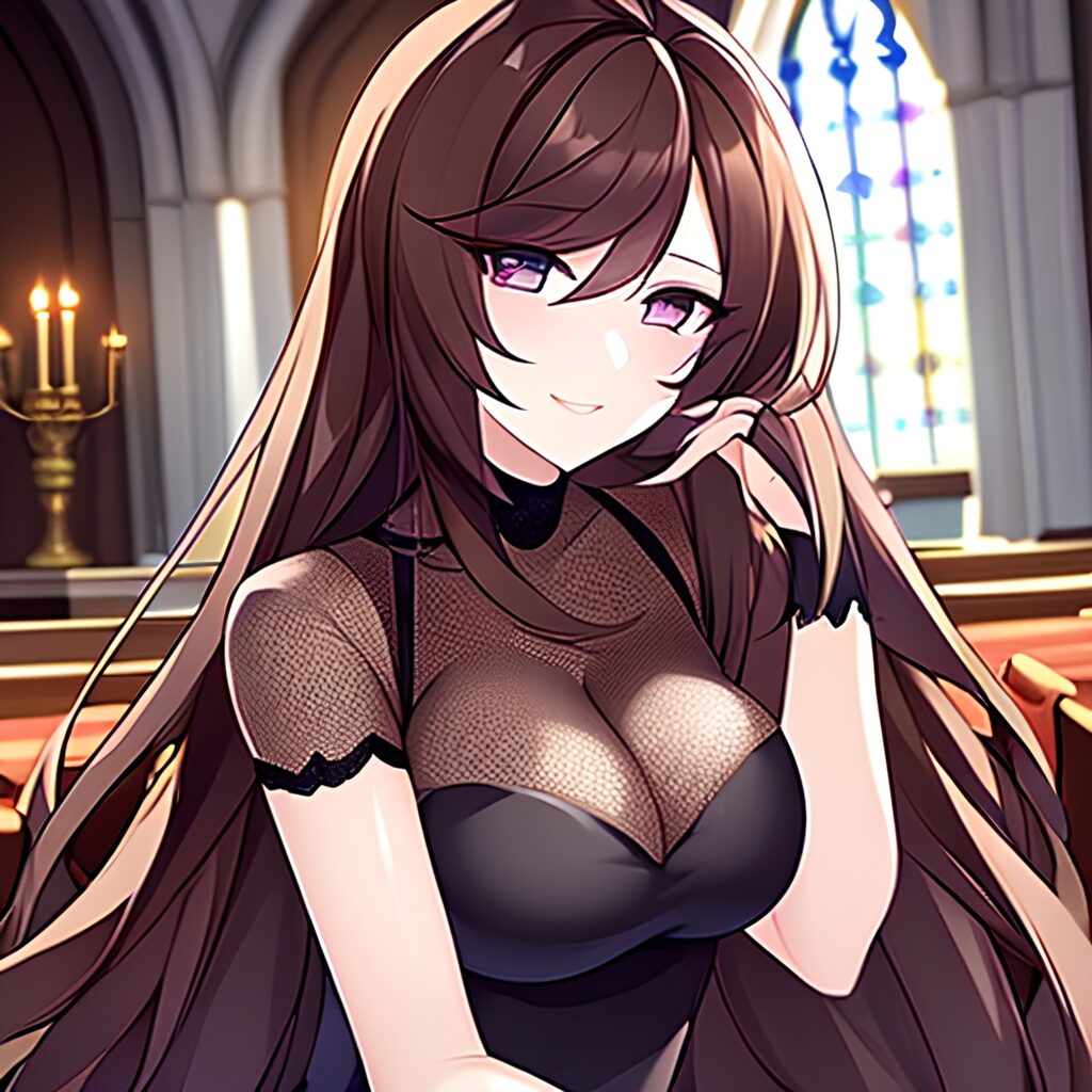 brunette fishnet woman messy hair church long hair 