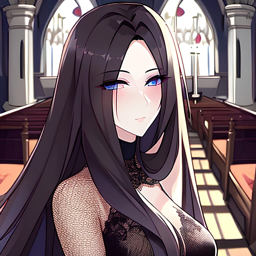 brunette fishnet woman messy hair church long hair