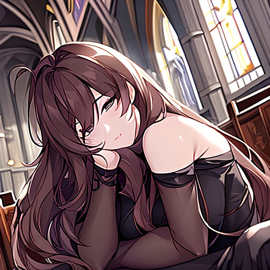 brunette fishnet woman messy hair church long hair 