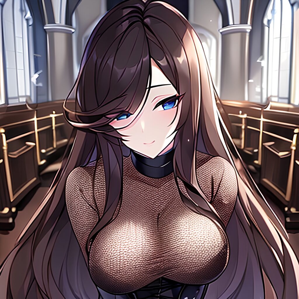 brunette fishnet woman messy hair long hair church 