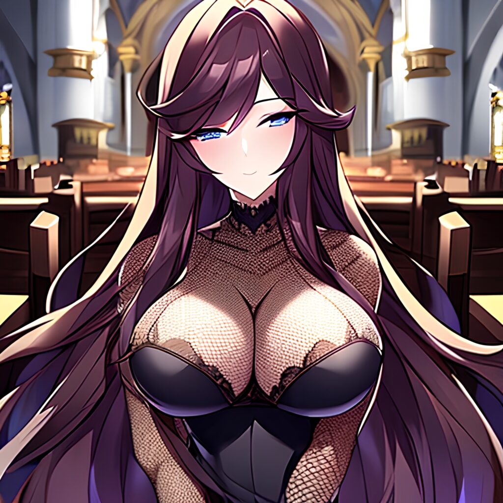 brunette fishnet woman messy hair long hair church 