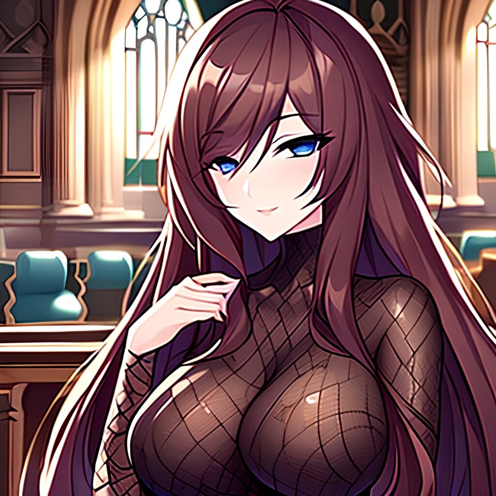 brunette fishnet woman messy hair long hair church 