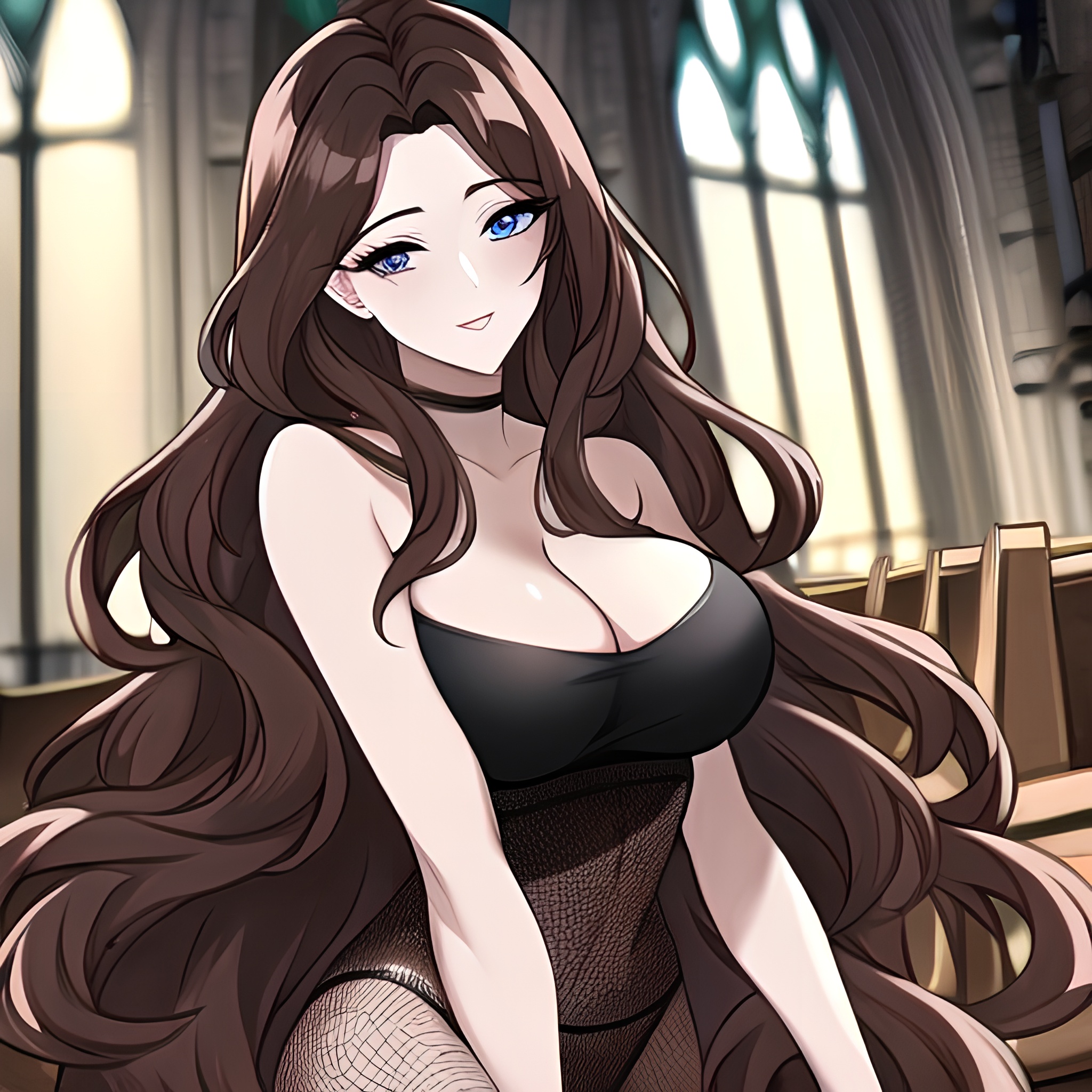 brunette long hair church fishnet woman messy hair 