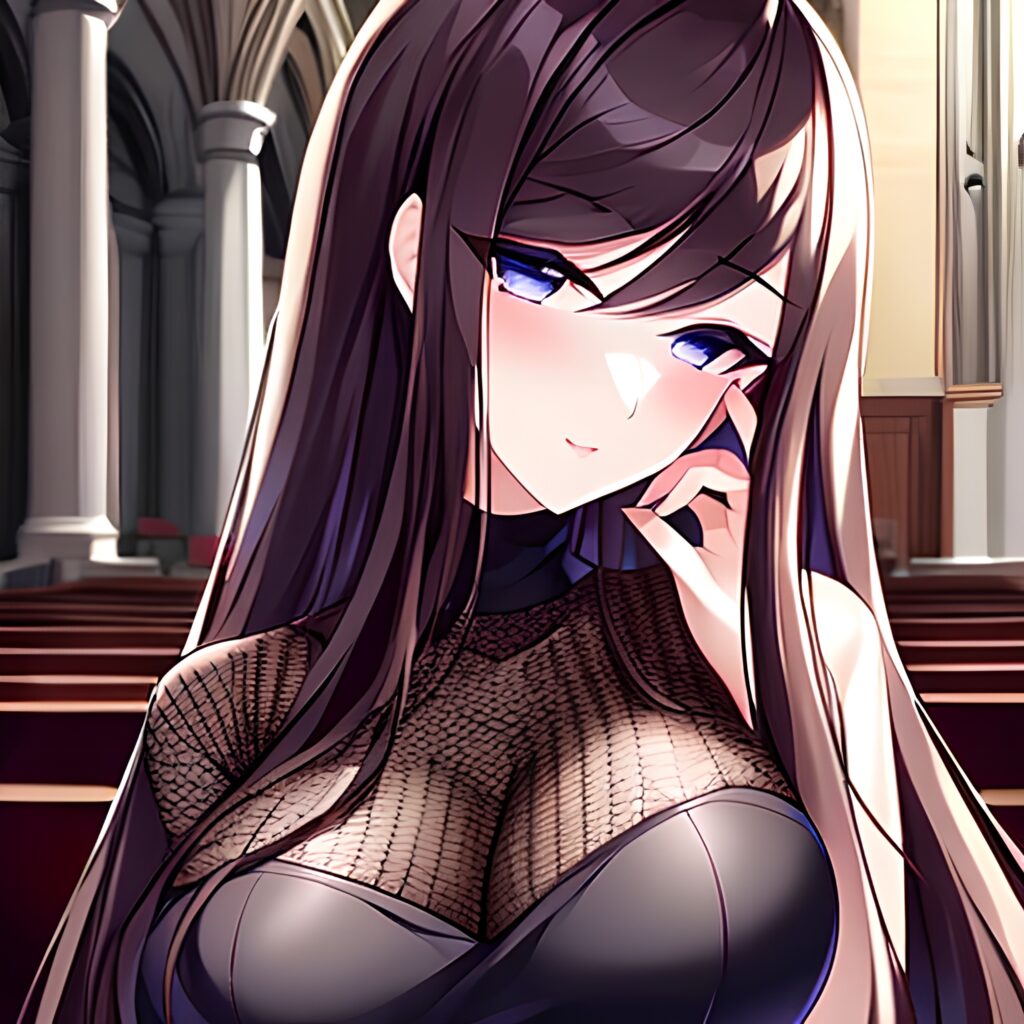 brunette long hair church messy hair fishnet woman 