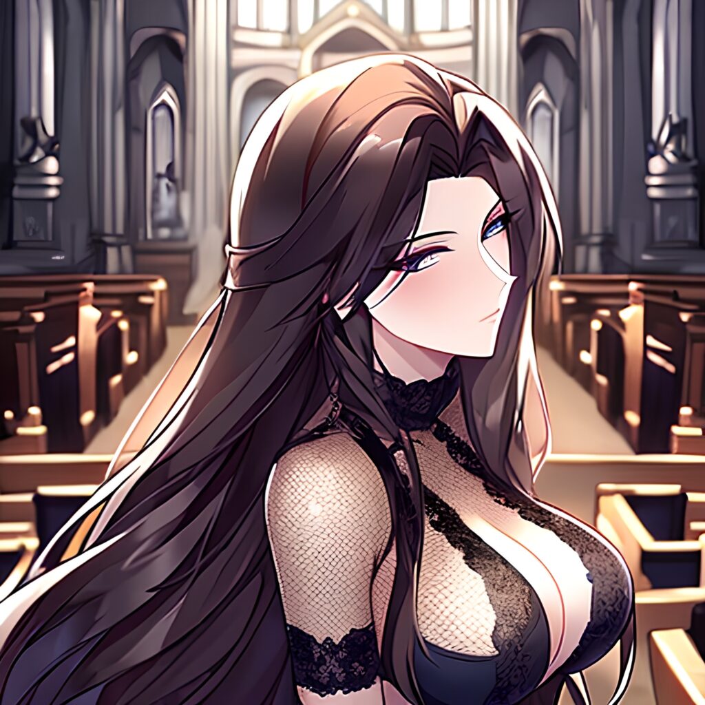 brunette long hair church messy hair fishnet woman