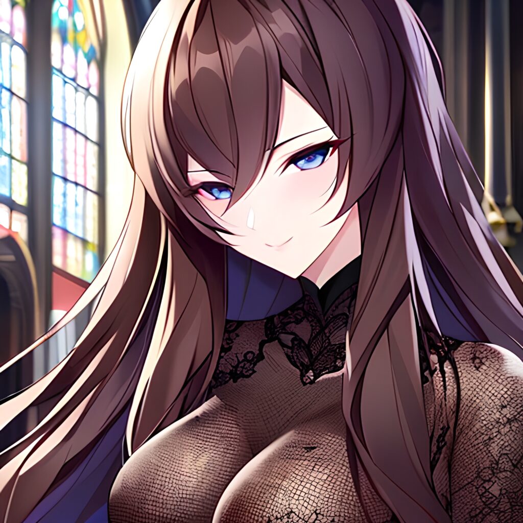 brunette long hair church messy hair fishnet woman