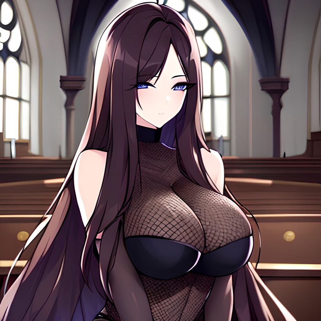 brunette long hair church messy hair fishnet woman 