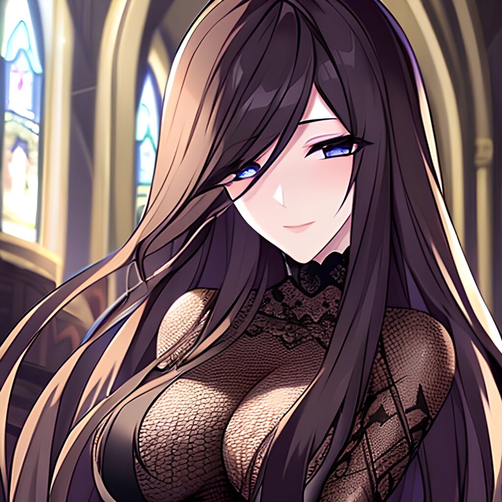 brunette long hair church messy hair woman fishnet 