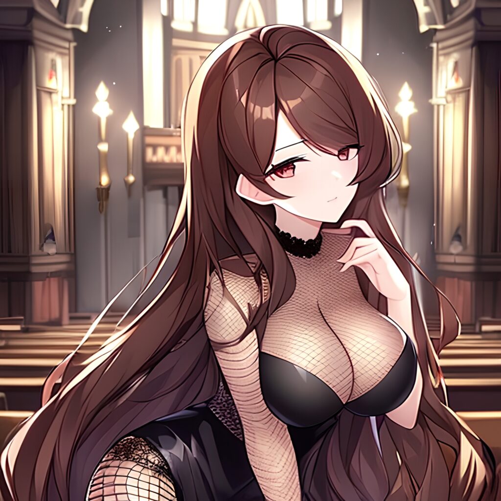 brunette long hair church messy hair woman fishnet 