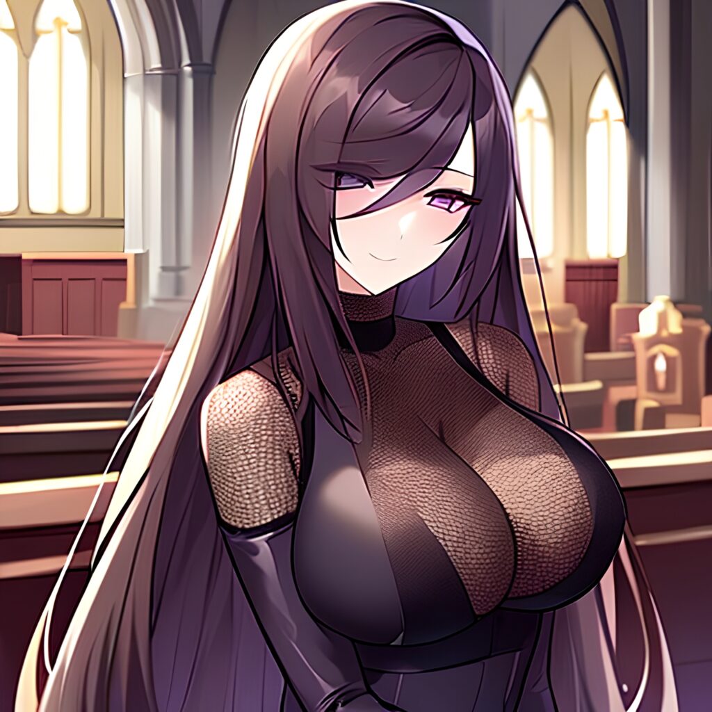 brunette long hair church messy hair woman fishnet 