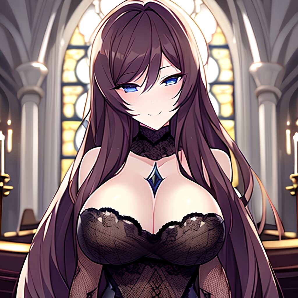 brunette long hair church messy hair woman fishnet 