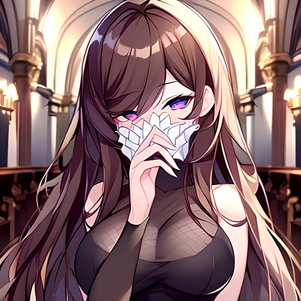 brunette long hair church woman fishnet messy hair 