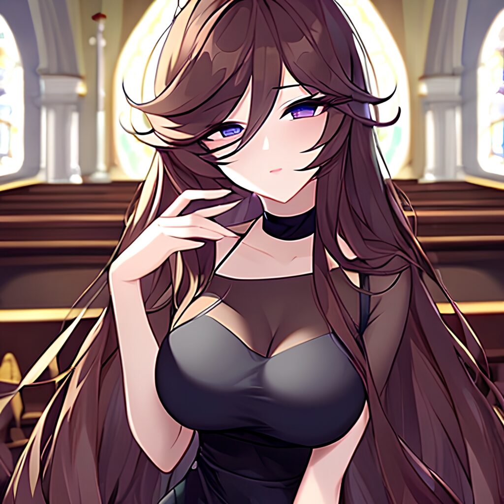 brunette long hair church woman fishnet messy hair 