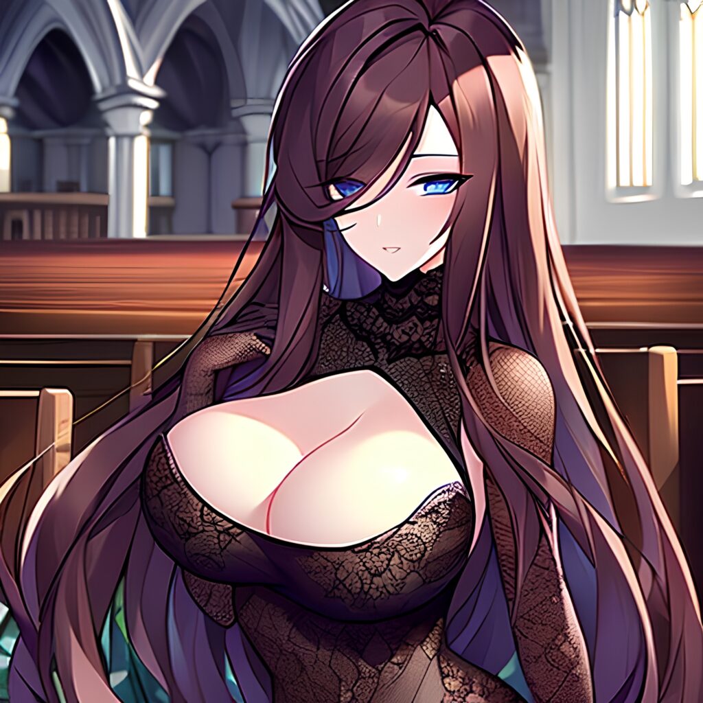brunette long hair church woman fishnet messy hair 