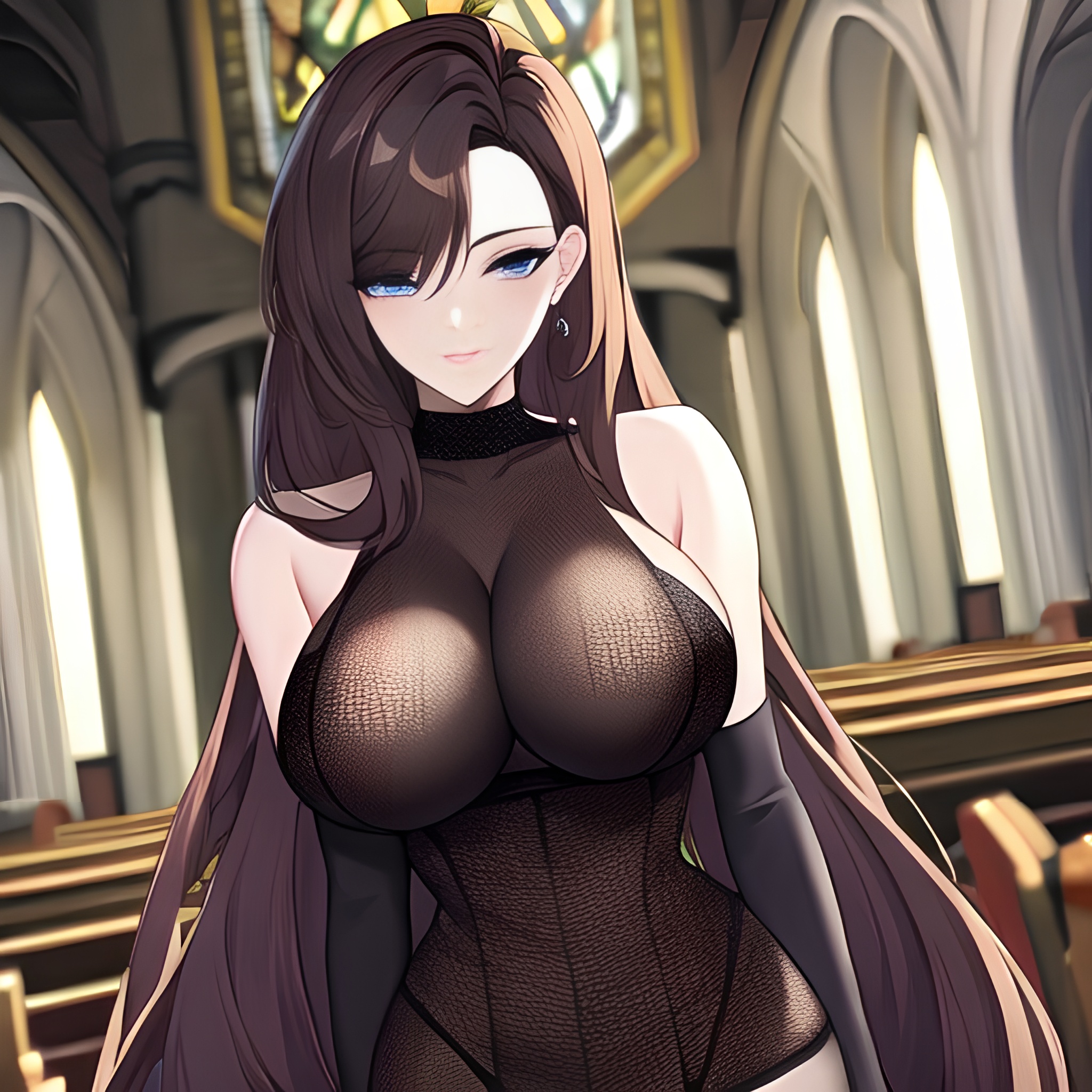 brunette long hair church woman fishnet messy hair 