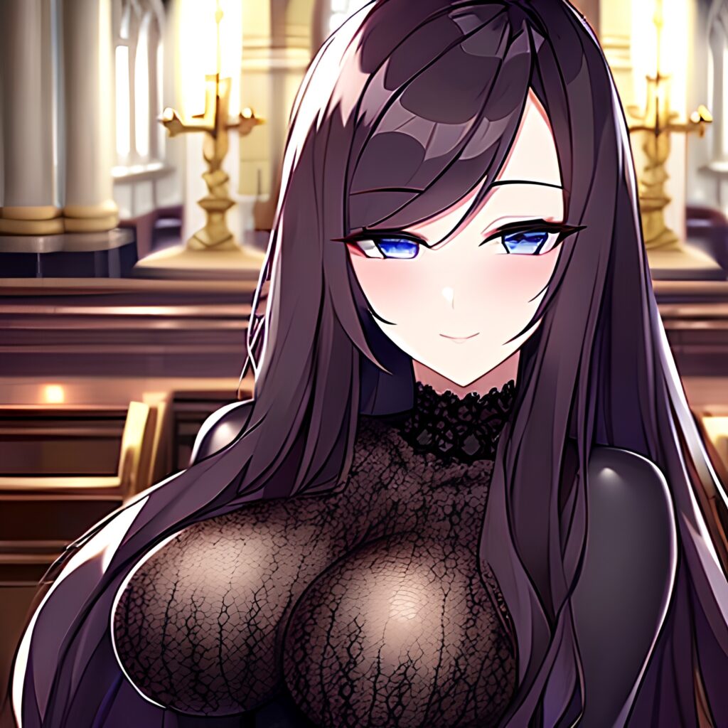 brunette long hair church woman fishnet messy hair 