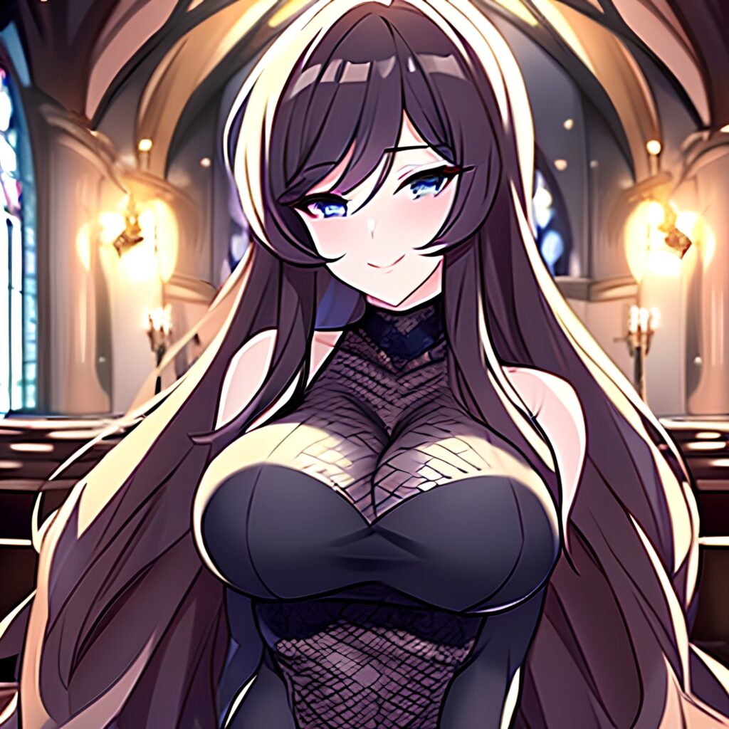 brunette long hair church woman fishnet messy hair 