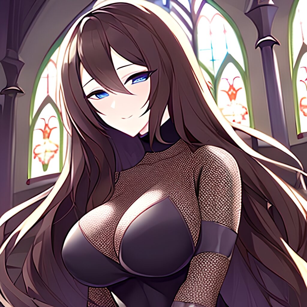 brunette long hair church woman messy hair fishnet