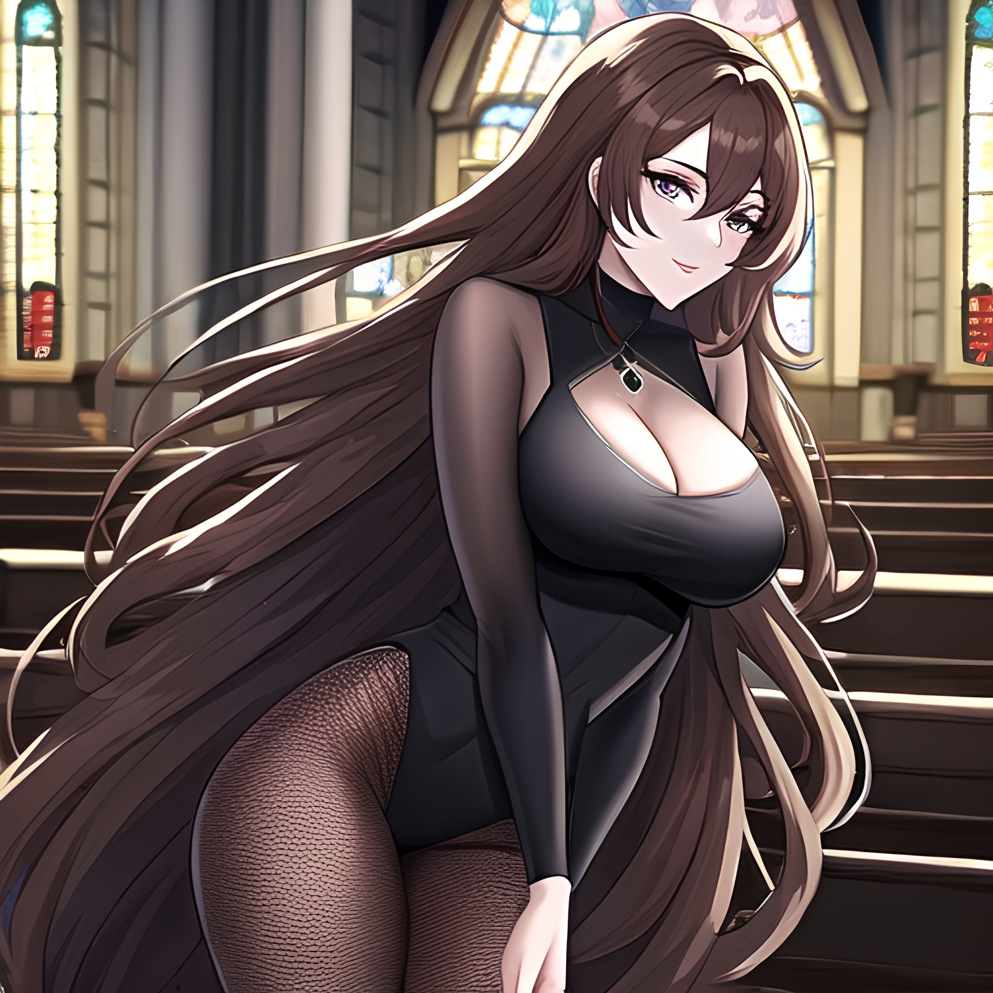 brunette long hair church woman messy hair fishnet