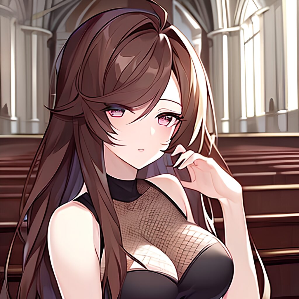 brunette long hair church woman messy hair fishnet 