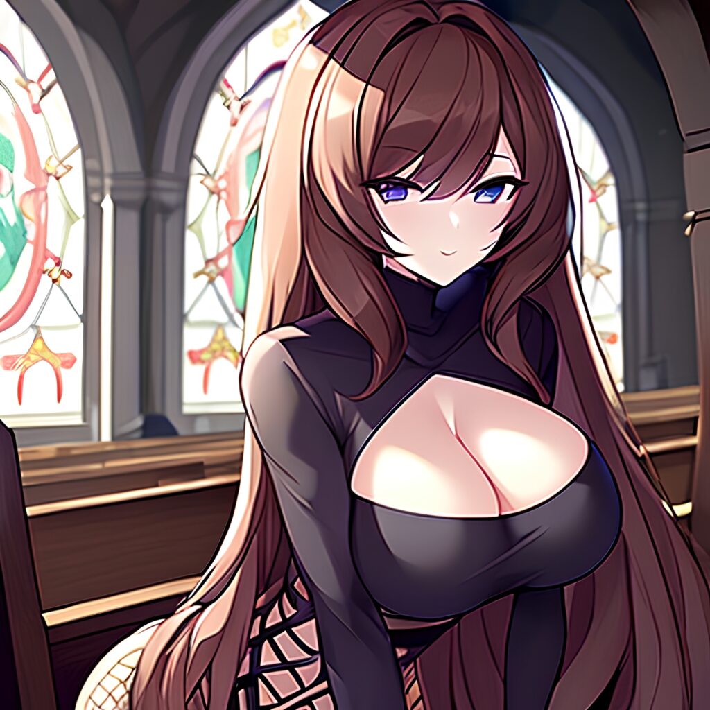 brunette long hair church woman messy hair fishnet 