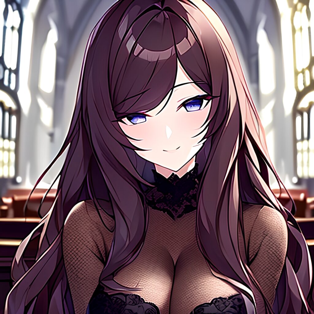 brunette long hair fishnet church woman messy hair 