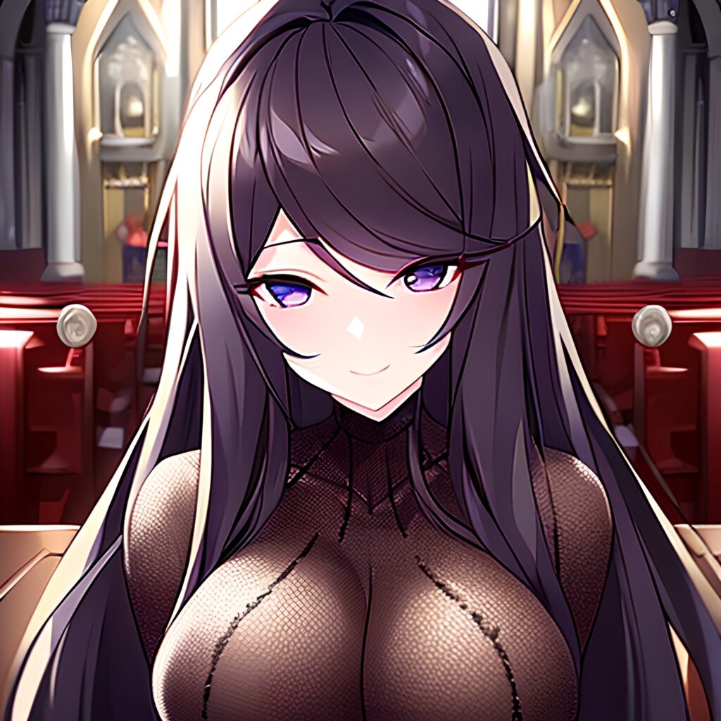 brunette long hair fishnet church woman messy hair 