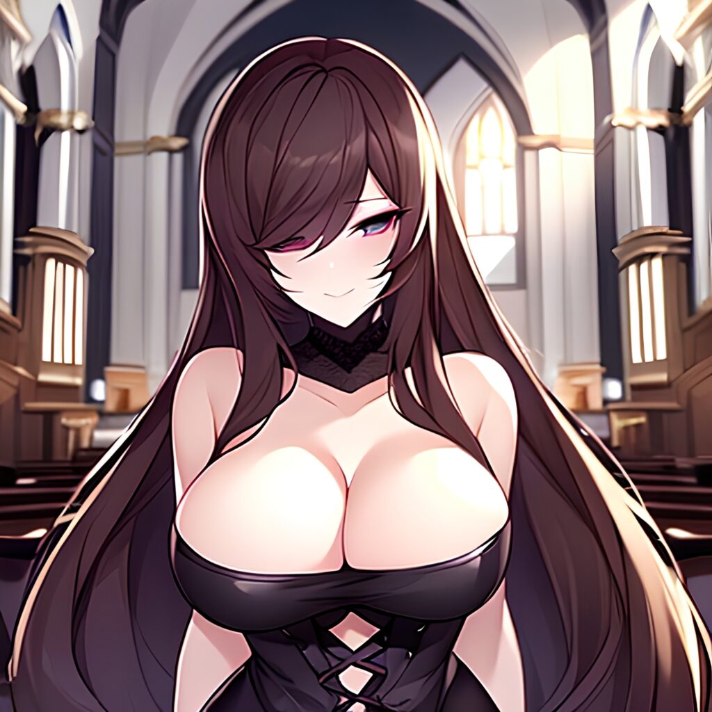 brunette long hair fishnet messy hair church woman 