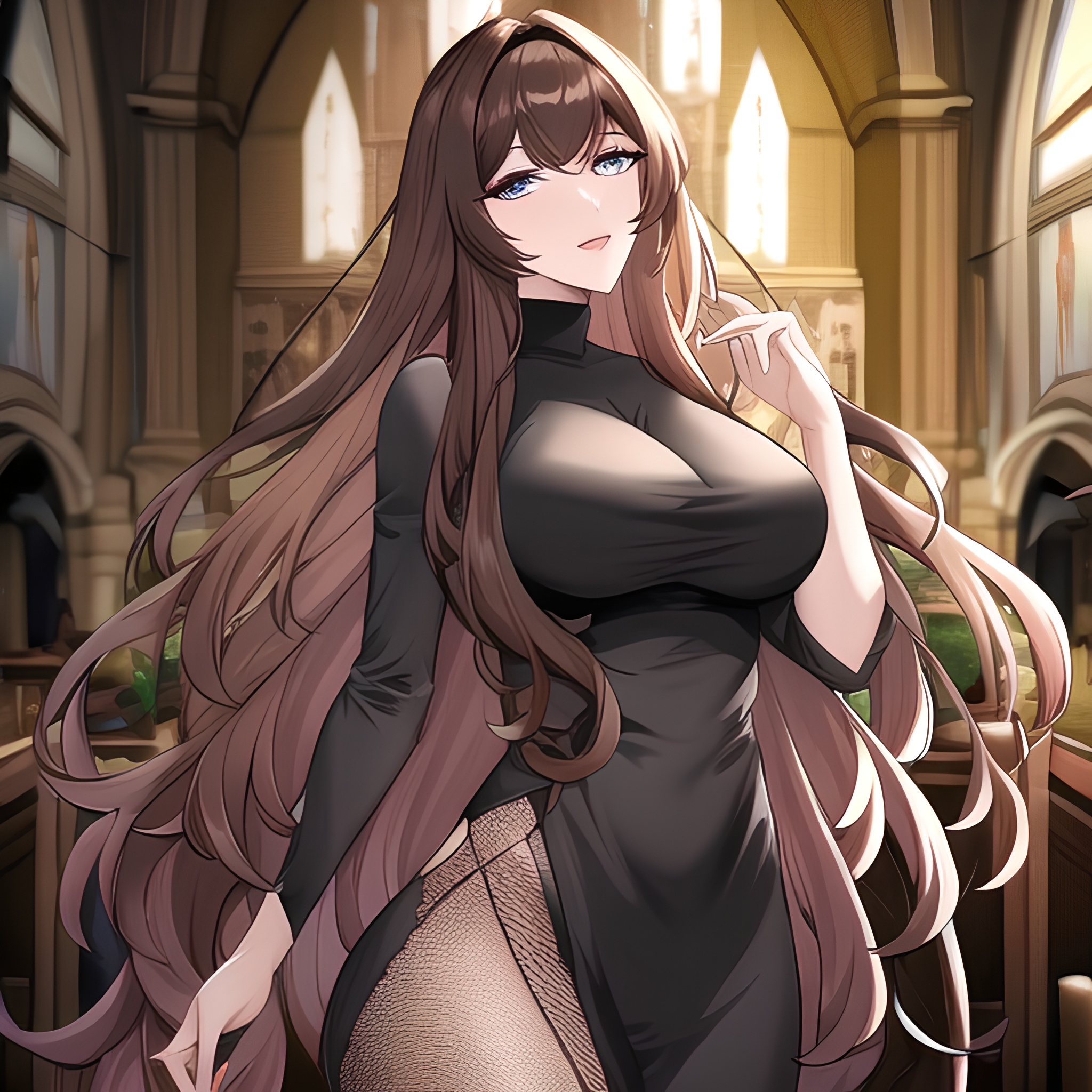 brunette long hair fishnet messy hair church woman 