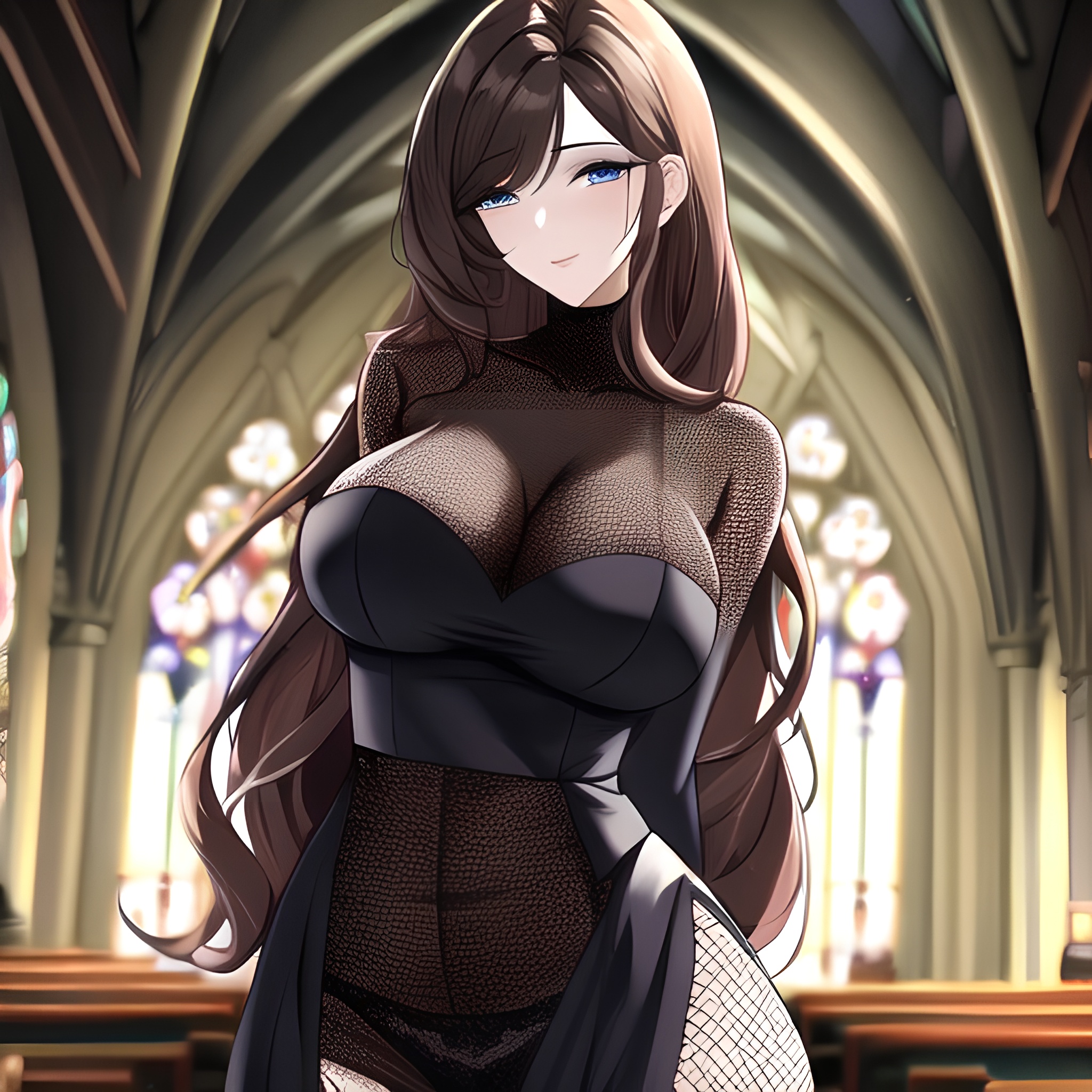 brunette long hair fishnet messy hair church woman 