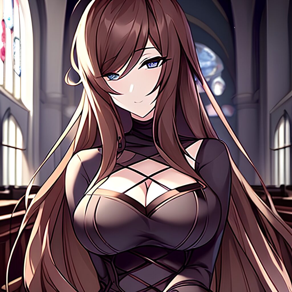 brunette long hair fishnet messy hair church woman 