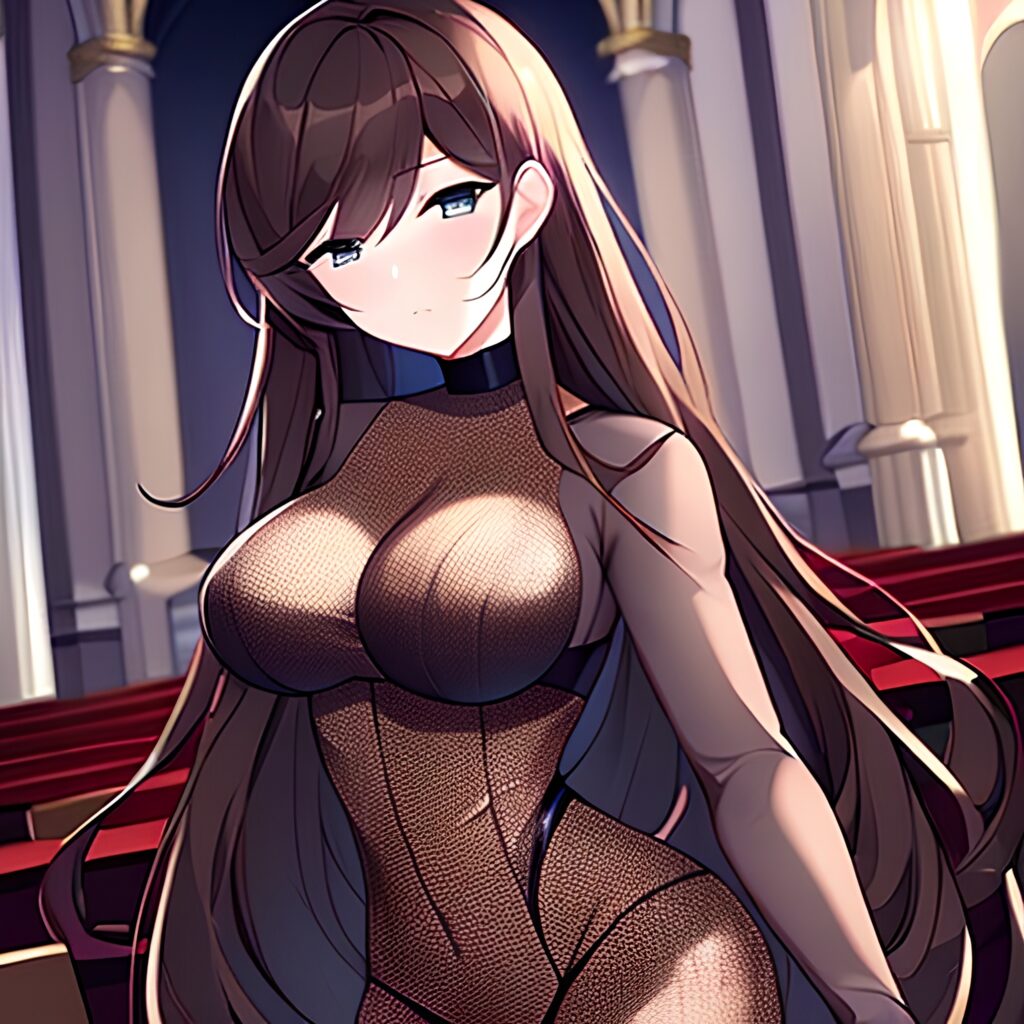 brunette long hair fishnet messy hair woman church 