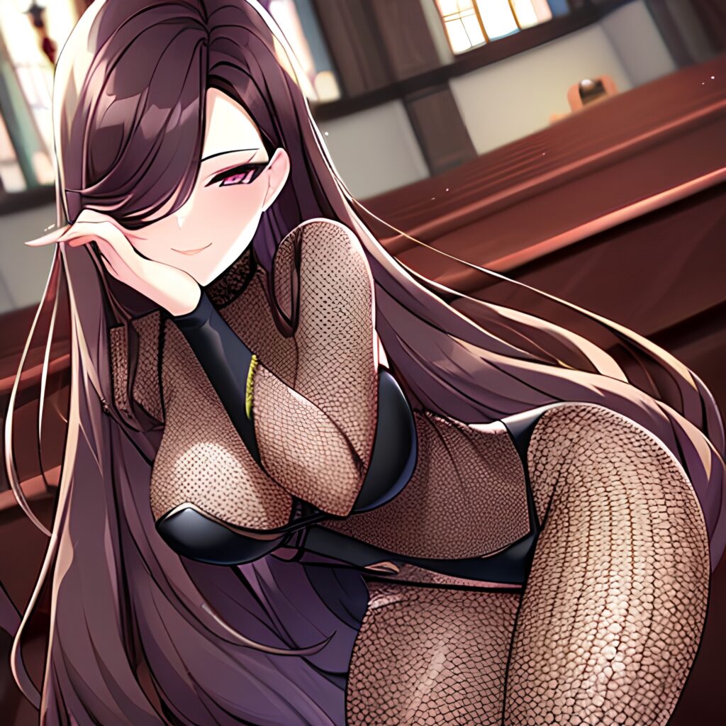 brunette long hair fishnet woman church messy hair