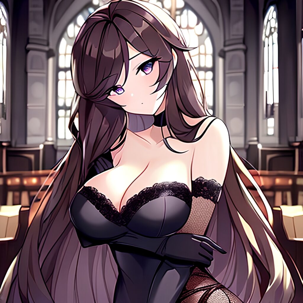 brunette long hair fishnet woman messy hair church 