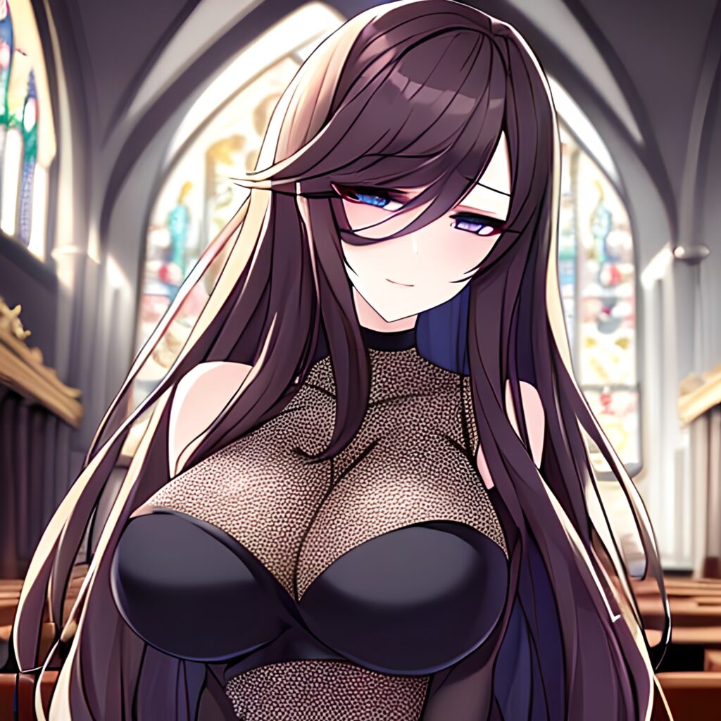 brunette long hair fishnet woman messy hair church 