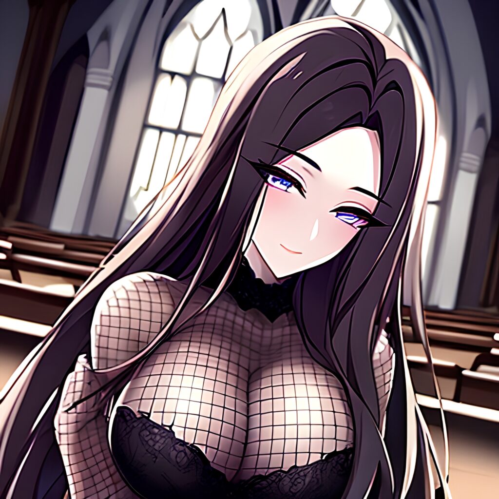 brunette long hair messy hair church fishnet woman 