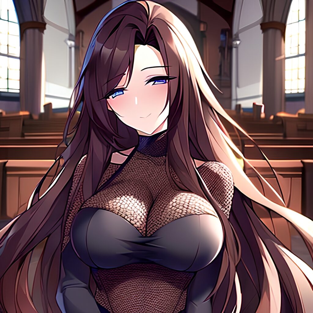 brunette long hair messy hair church fishnet woman 