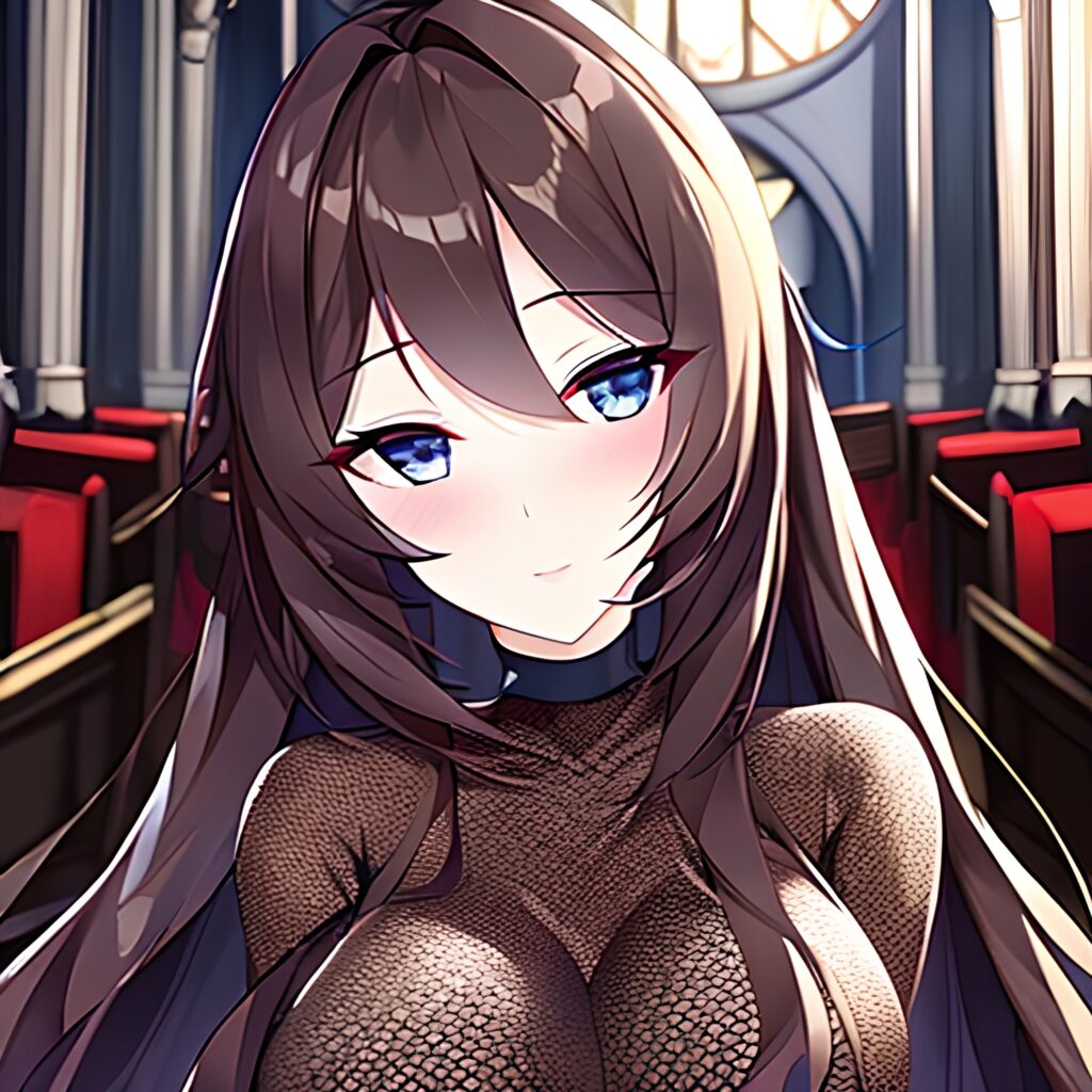 brunette long hair messy hair church fishnet woman 