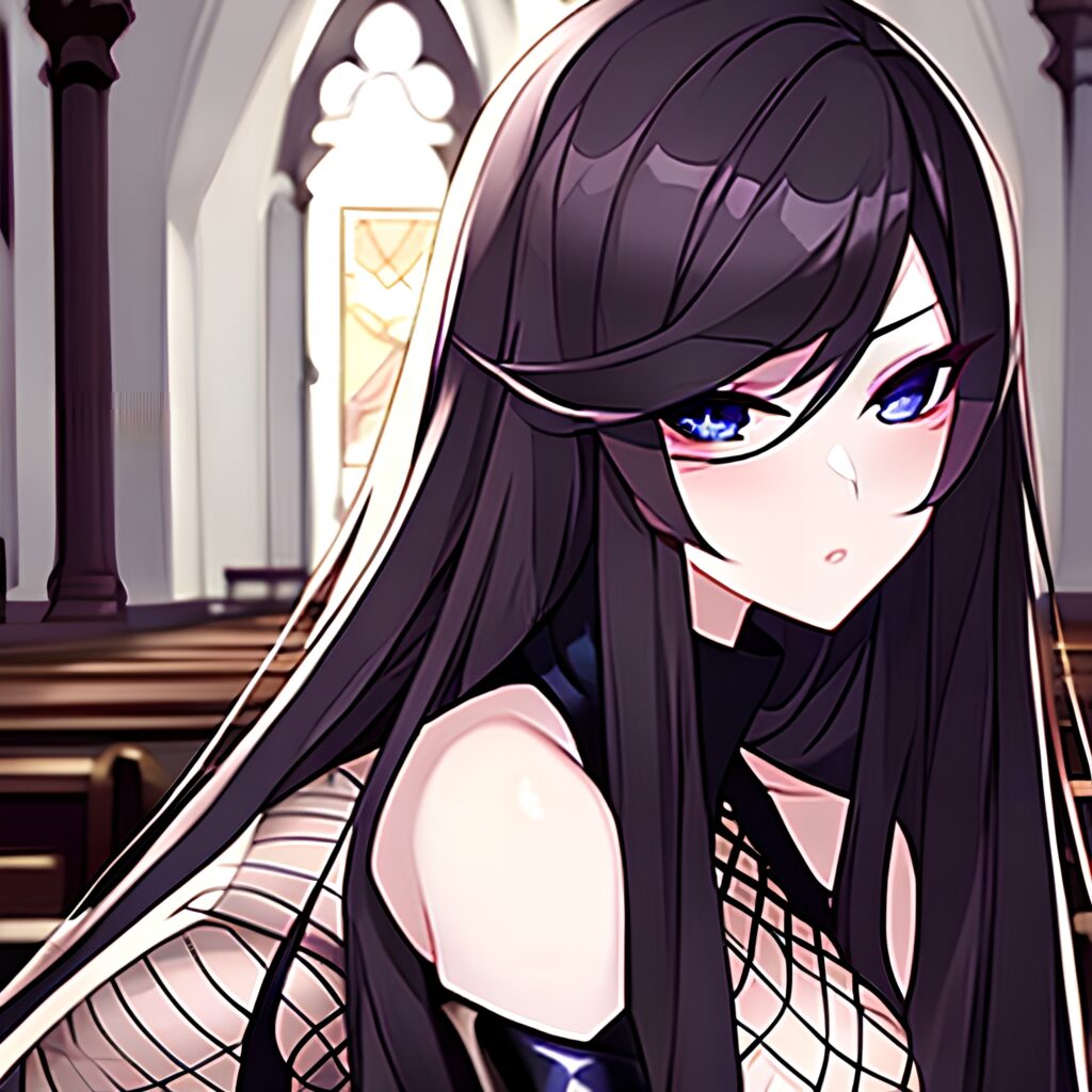 brunette long hair messy hair church fishnet woman 