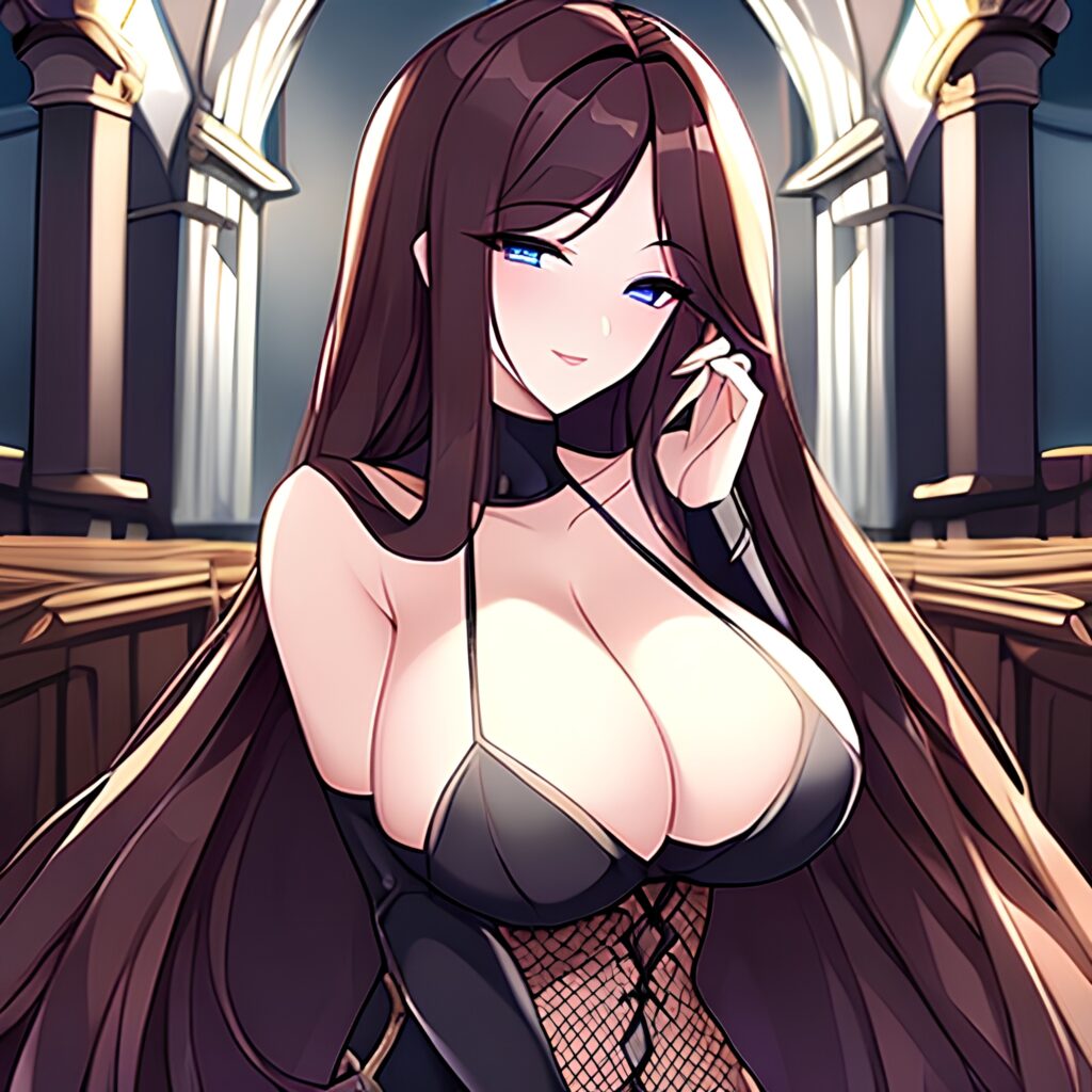 brunette long hair messy hair church woman fishnet 