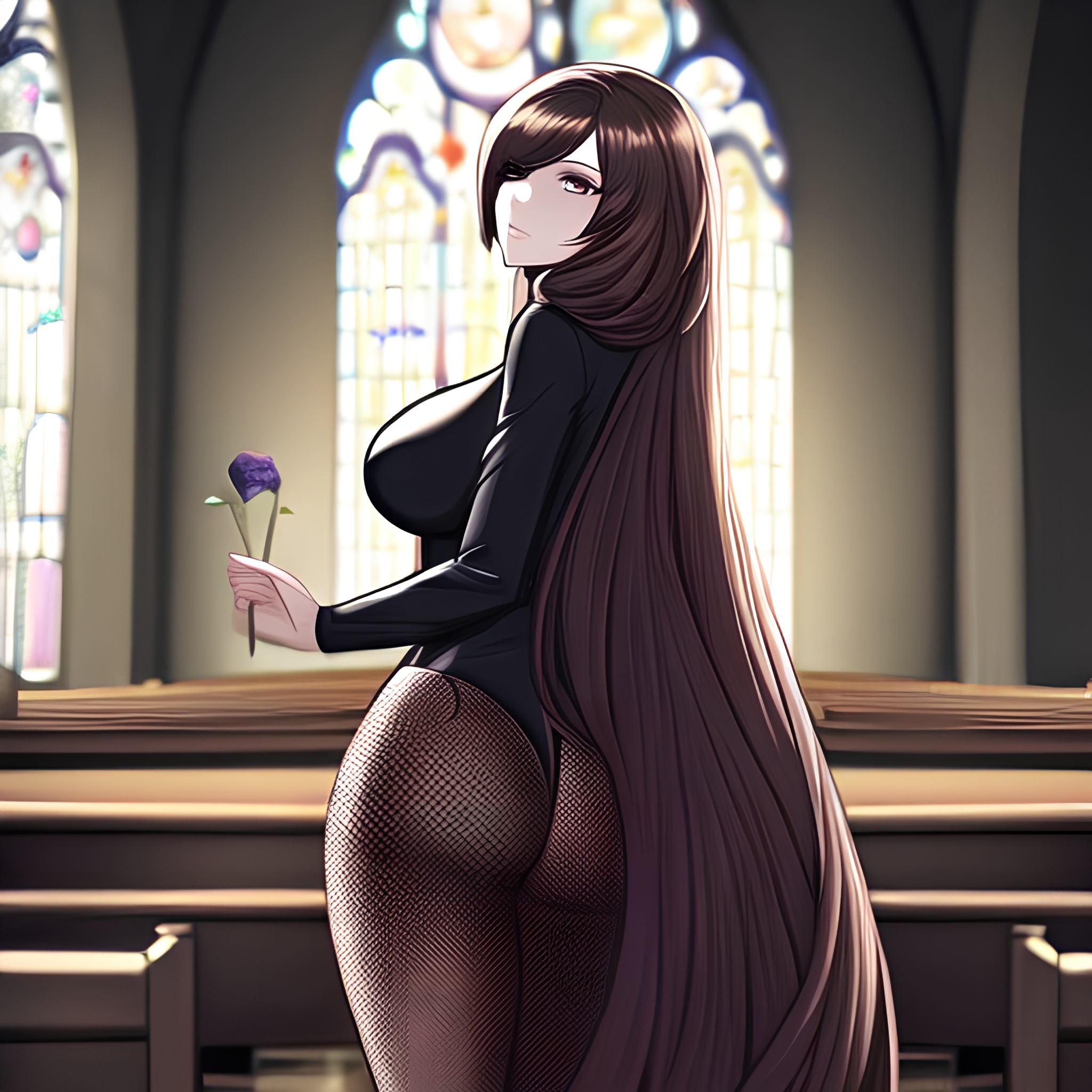 brunette long hair messy hair church woman fishnet 