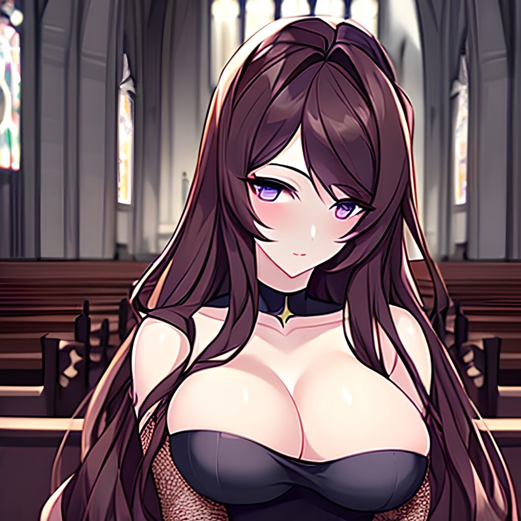brunette long hair messy hair fishnet church woman 