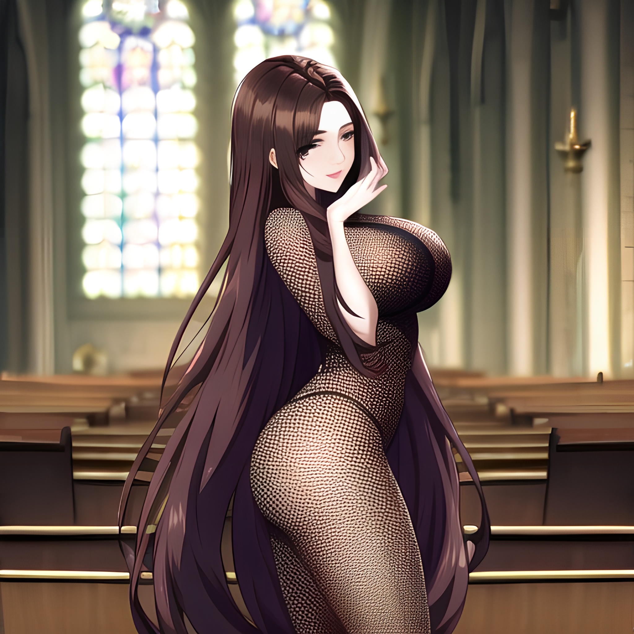 brunette long hair messy hair fishnet church woman 